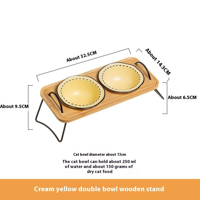Wooden Rack Pet Ceramic Feeding Bowl Tilted Easy Clean