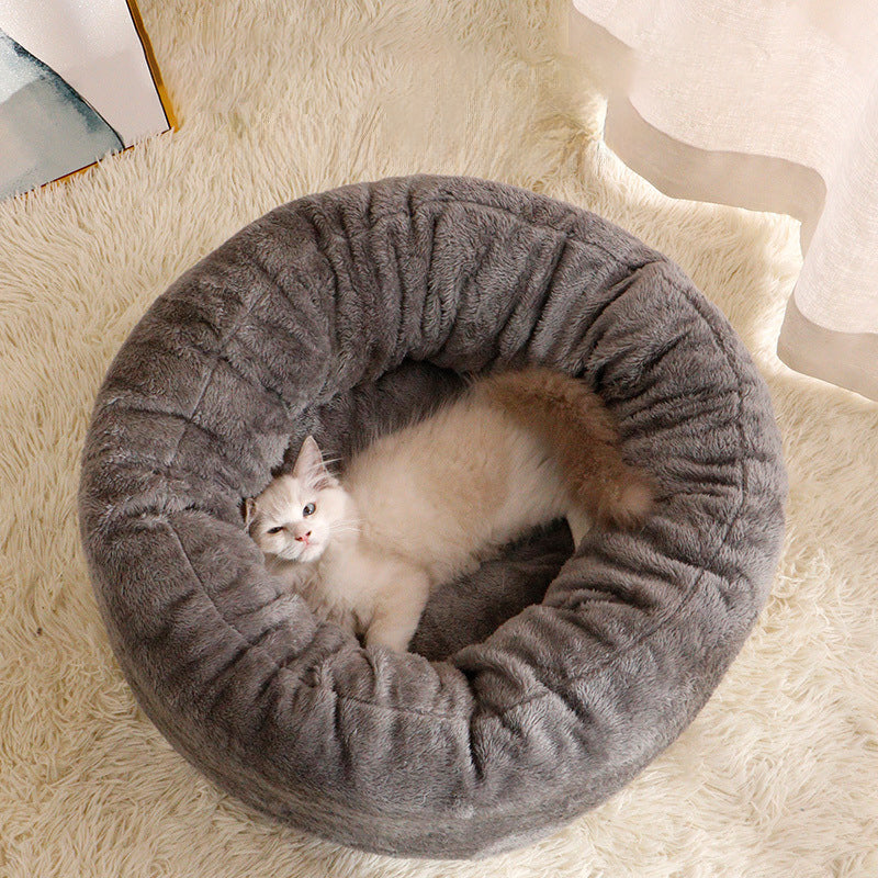 Pet Round Plush Donut Warm Sleeping Bed