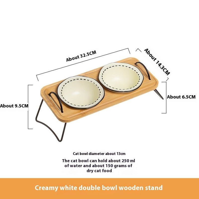 Wooden Rack Pet Ceramic Feeding Bowl Tilted Easy Clean