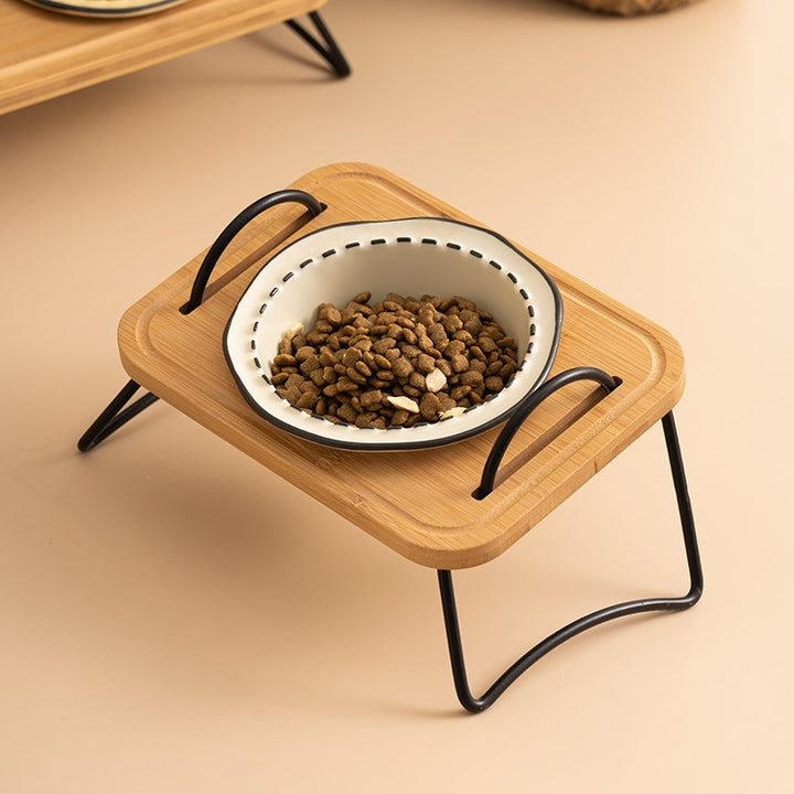 Wooden Rack Pet Ceramic Feeding Bowl Tilted Easy Clean