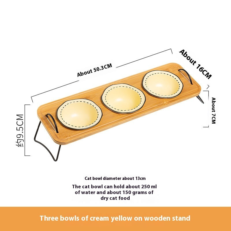 Wooden Rack Pet Ceramic Feeding Bowl Tilted Easy Clean