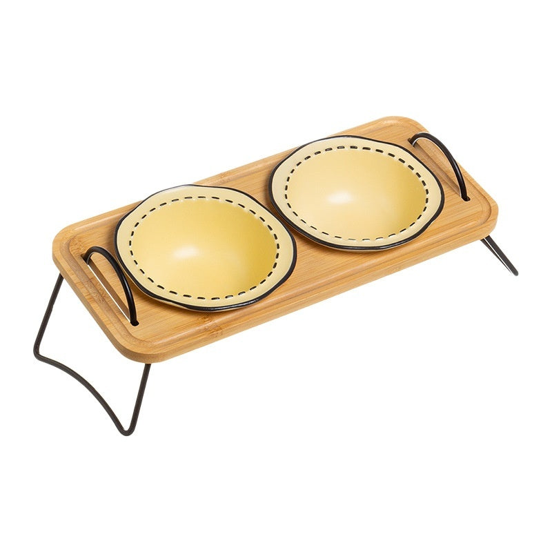 Wooden Rack Pet Ceramic Feeding Bowl Tilted Easy Clean