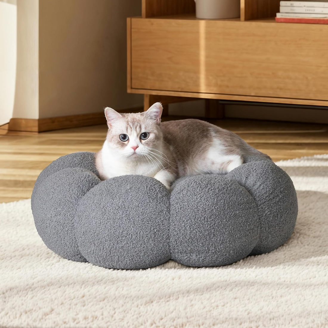 Pet Fluffy Round Donut Calming Plush Sleeping Bed